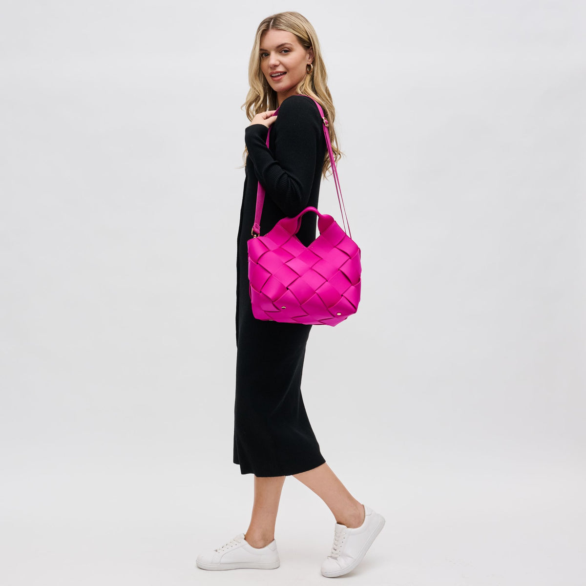 Woman wearing Fuchsia Sol and Selene Resilience - Woven Neoprene Tote 841764108584 View 2 | Fuchsia