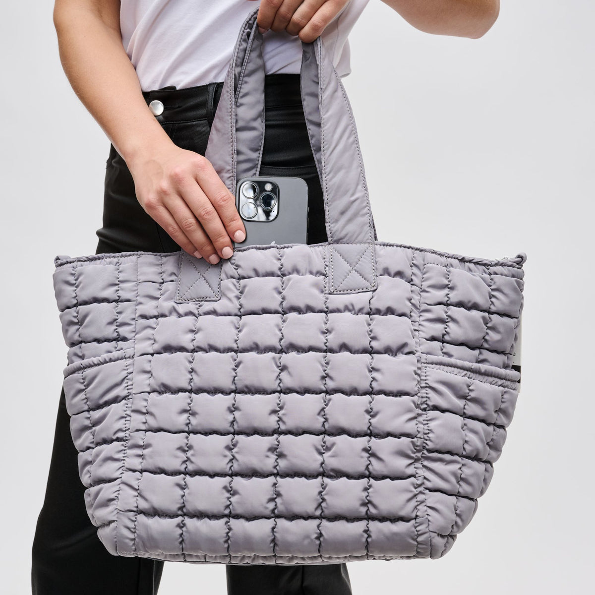 Woman wearing Grey Sol and Selene Dreamer Tote 841764109475 View 4 | Grey