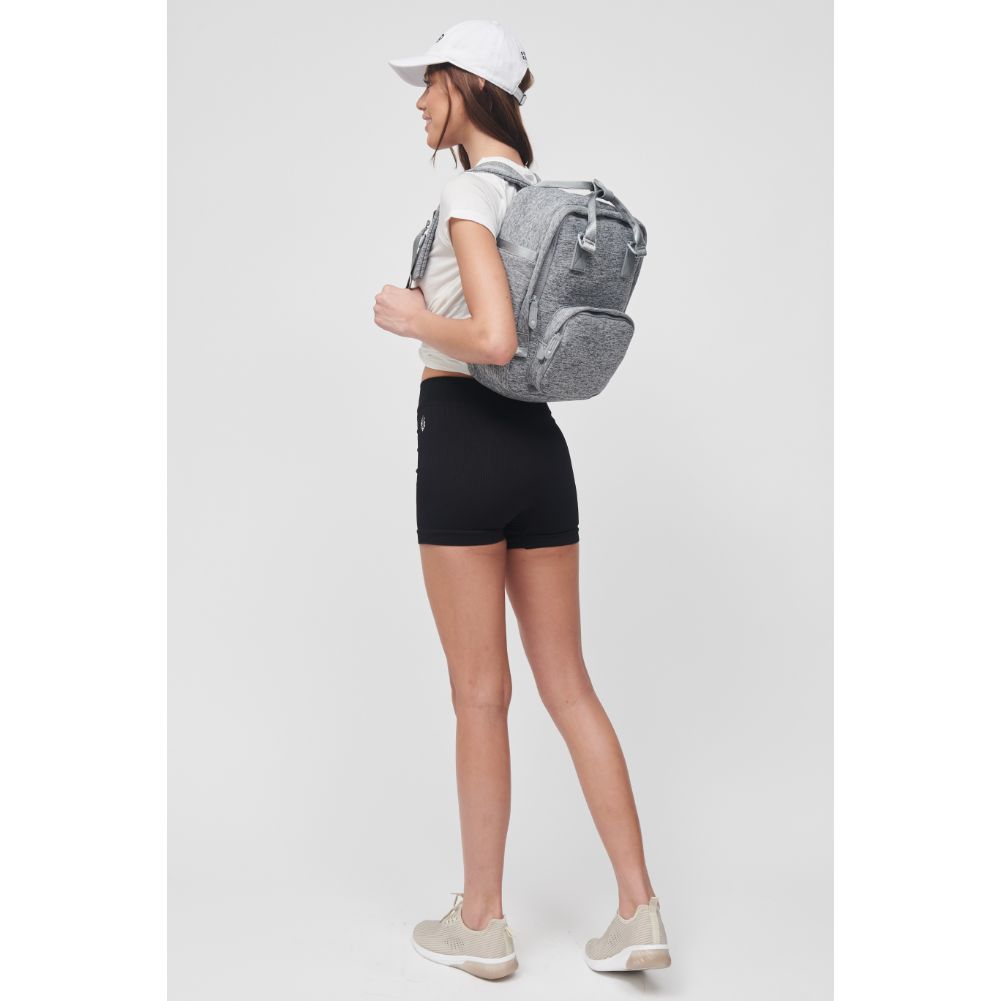 Woman wearing Heather Grey Sol and Selene Iconic - Neoprene Backpack 841764106672 View 3 | Heather Grey