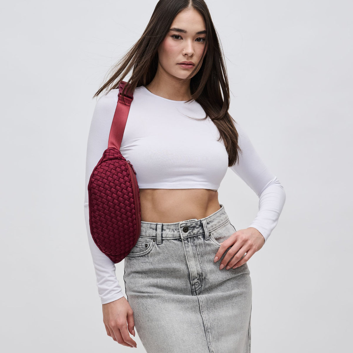 Woman wearing Wine Sol and Selene Aim High Belt Bag 841764109154 View 2 | Wine