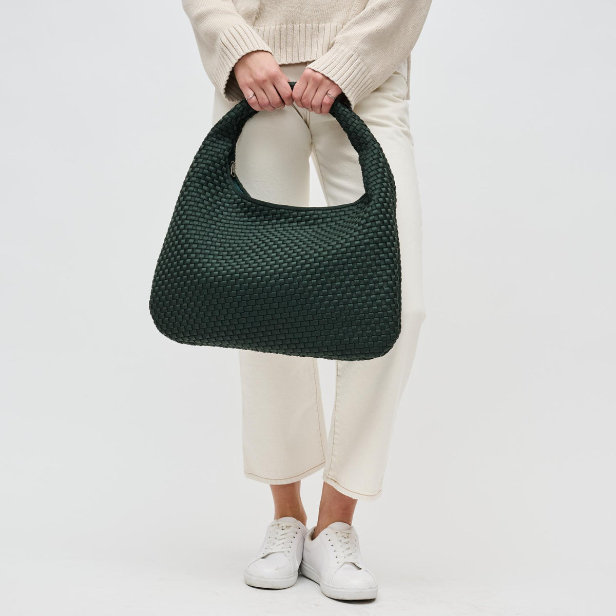 Woman wearing Olive Sol and Selene Dare to Dream - Large Woven Neoprene Hobo 841764110952 View 4 | Olive