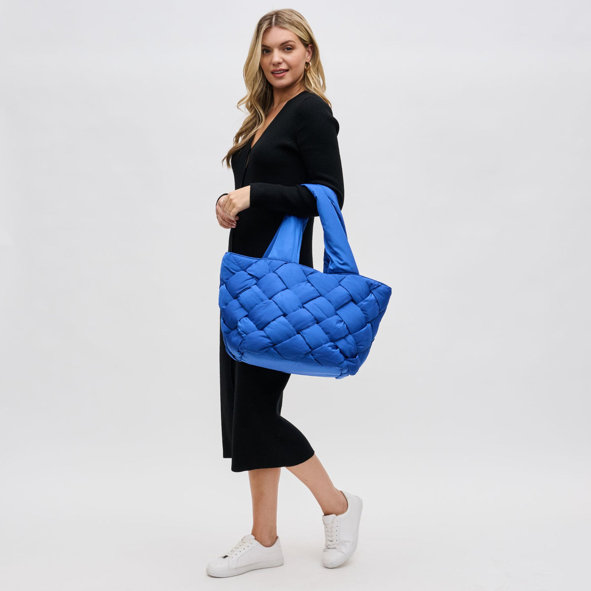 Woman wearing Cobalt Sol and Selene Intuition East West Tote 841764107877 View 2 | Cobalt