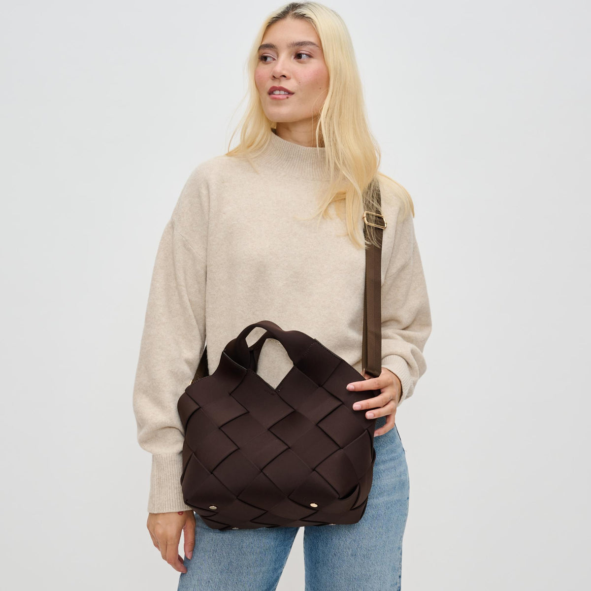 Woman wearing Chocolate Sol and Selene Resilience - Woven Neoprene Tote 841764110129 View 2 | Chocolate