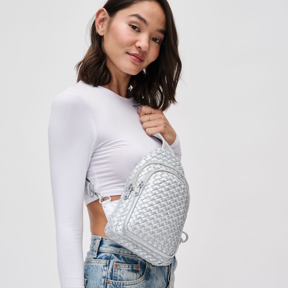 Woman wearing Silver Sol and Selene Beyond The Horizon - Woven Neoprene Sling Backpack 841764109093 View 3 | Silver