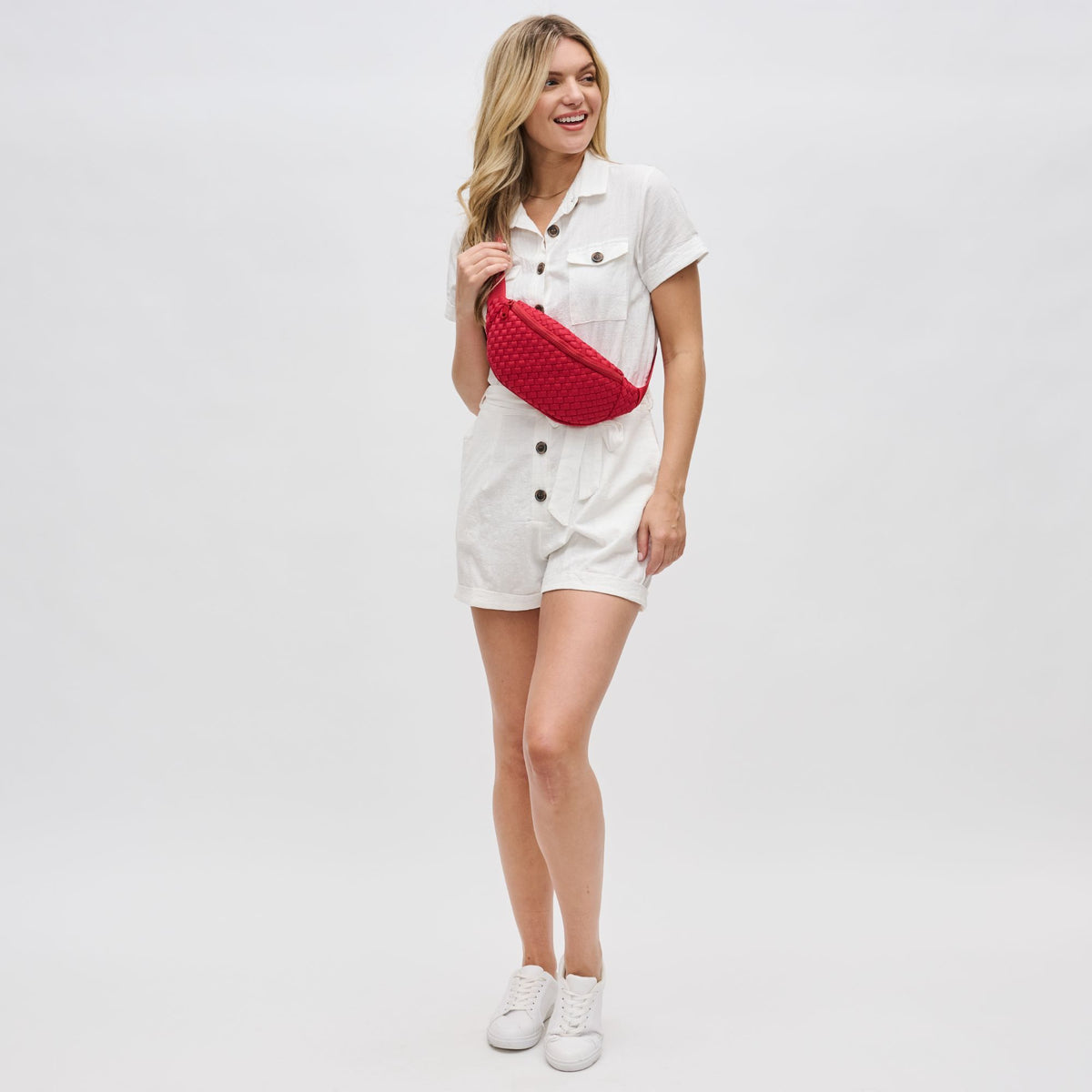 Woman wearing Red Sol and Selene Aim High Belt Bag 841764108140 View 4 | Red