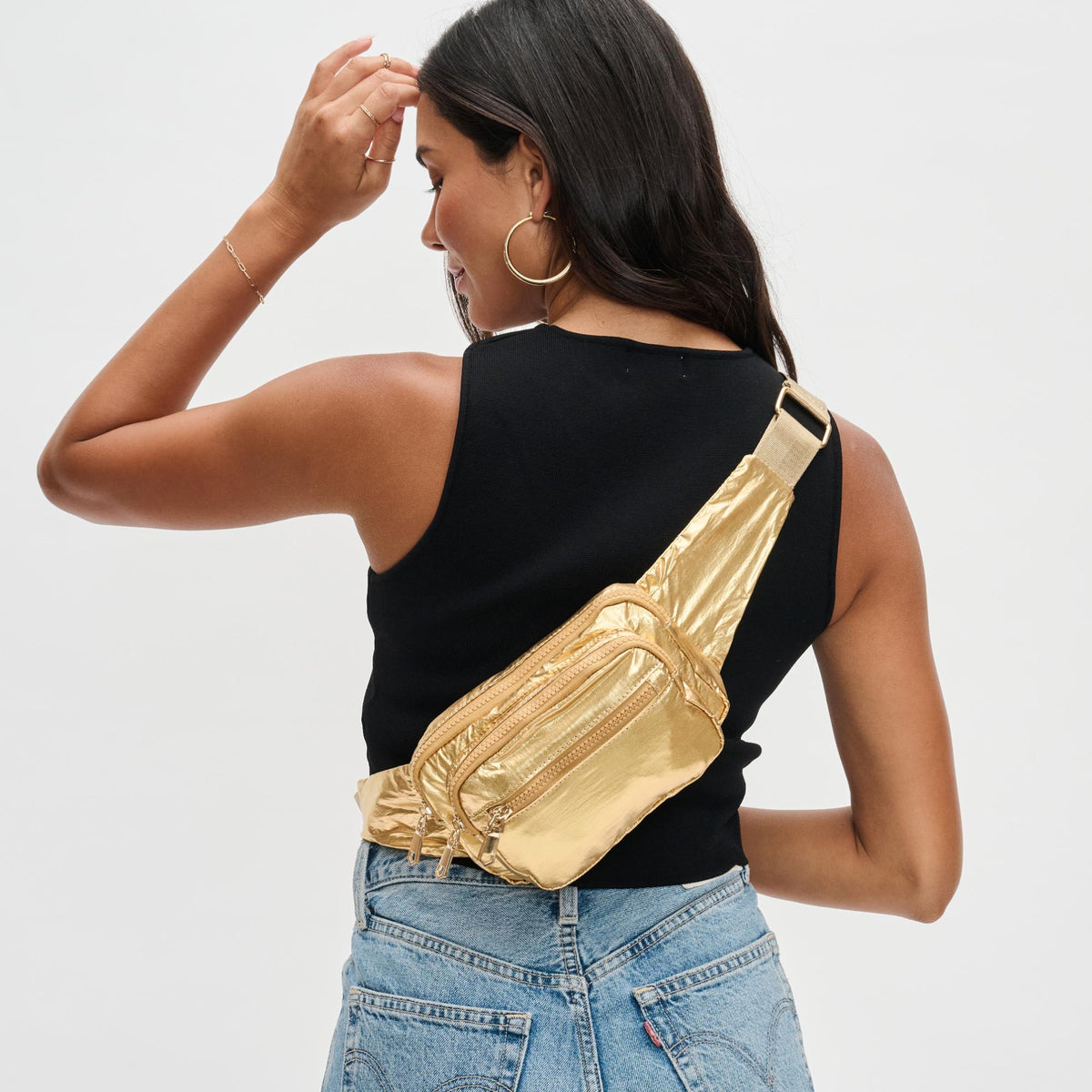 Woman wearing Gold Sol and Selene Hip Hugger Belt Bag 841764108683 View 1 | Gold