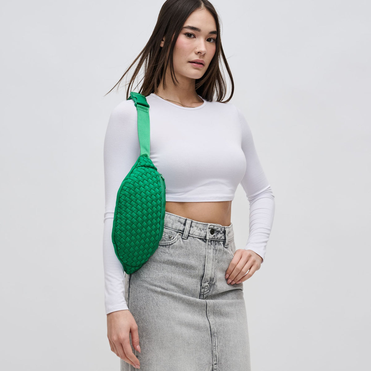 Woman wearing Kelly Green Sol and Selene Aim High Belt Bag 841764109116 View 2 | Kelly Green