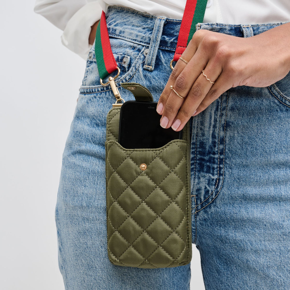 Woman wearing Sage Sol and Selene Duality - Quilted Cell Phone Crossbody 841764107792 View 4 | Sage