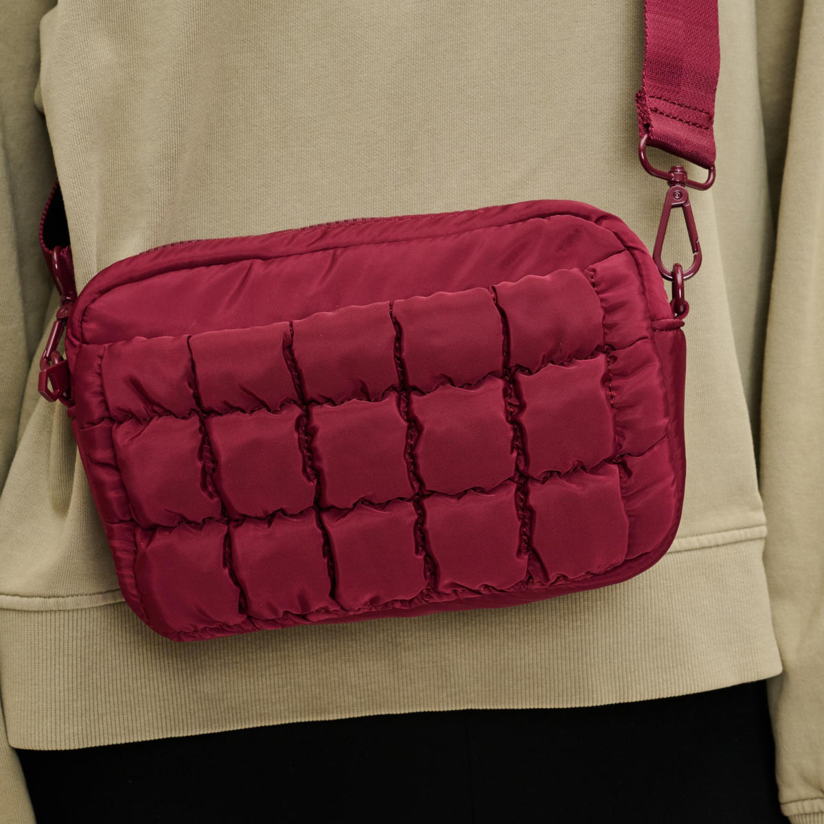 Woman wearing Burgundy Sol and Selene Inspiration - Quilted Nylon Crossbody 841764110594 View 4 | Burgundy