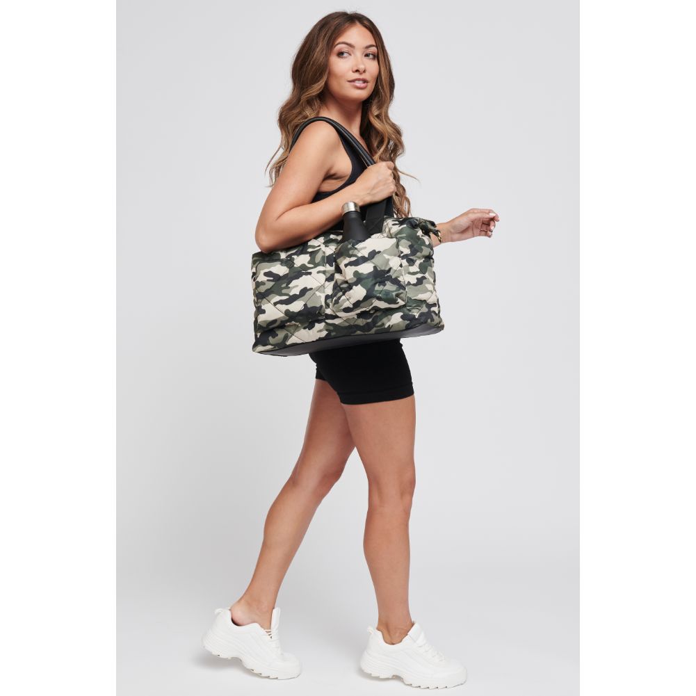 Woman wearing Green Camo Sol and Selene Integrity Tote 841764105699 View 2 | Green Camo