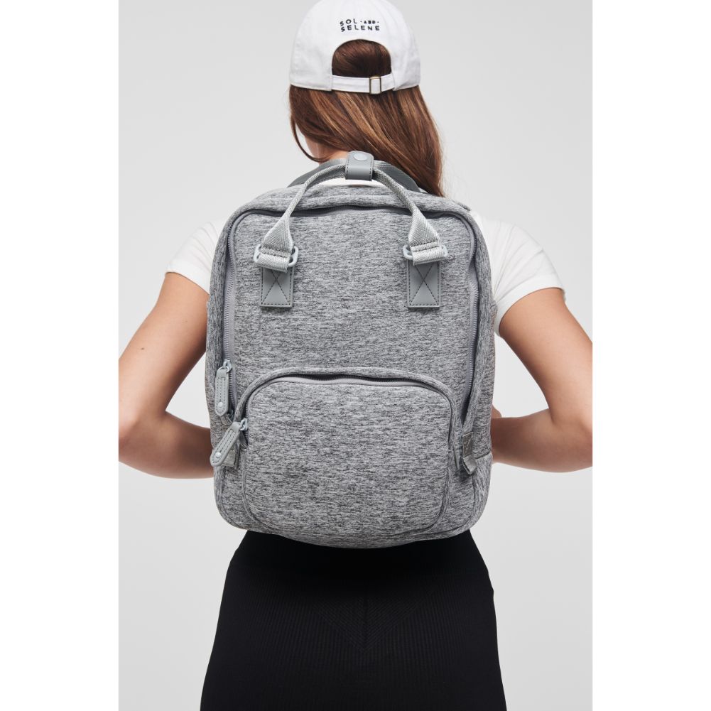 Woman wearing Heather Grey Sol and Selene Iconic - Neoprene Backpack 841764106672 View 1 | Heather Grey