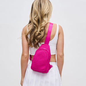 Woman wearing Fuchsia Sol and Selene Beyond The Horizon - Woven Neoprene Sling Backpack 841764108058 View 1 | Fuchsia