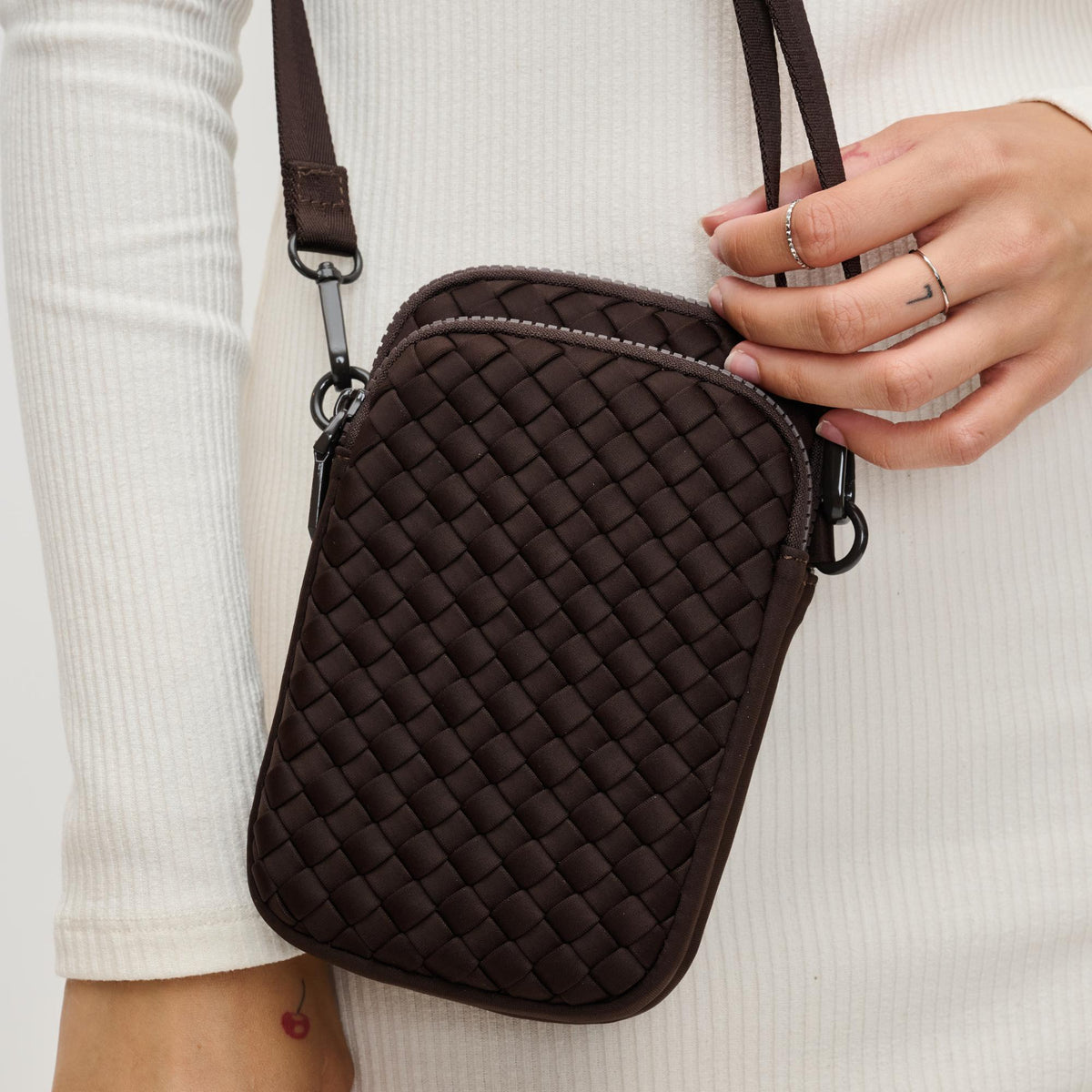 Woman wearing Chocolate Sol and Selene Divide & Conquer - Woven Neoprene Crossbody 841764110228 View 4 | Chocolate