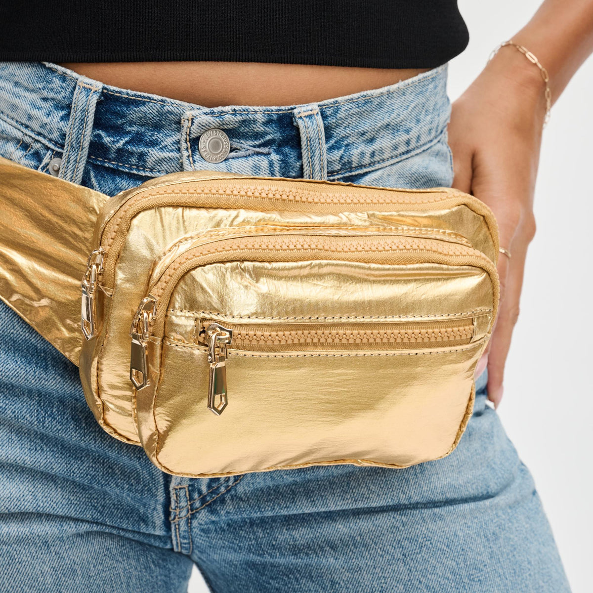 Woman wearing Gold Sol and Selene Hip Hugger Belt Bag 841764108683 View 4 | Gold