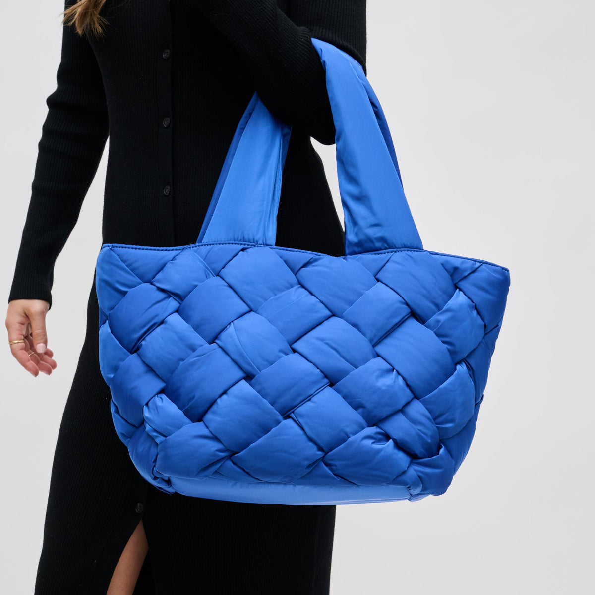 Woman wearing Cobalt Sol and Selene Intuition East West Tote 841764107877 View 4 | Cobalt