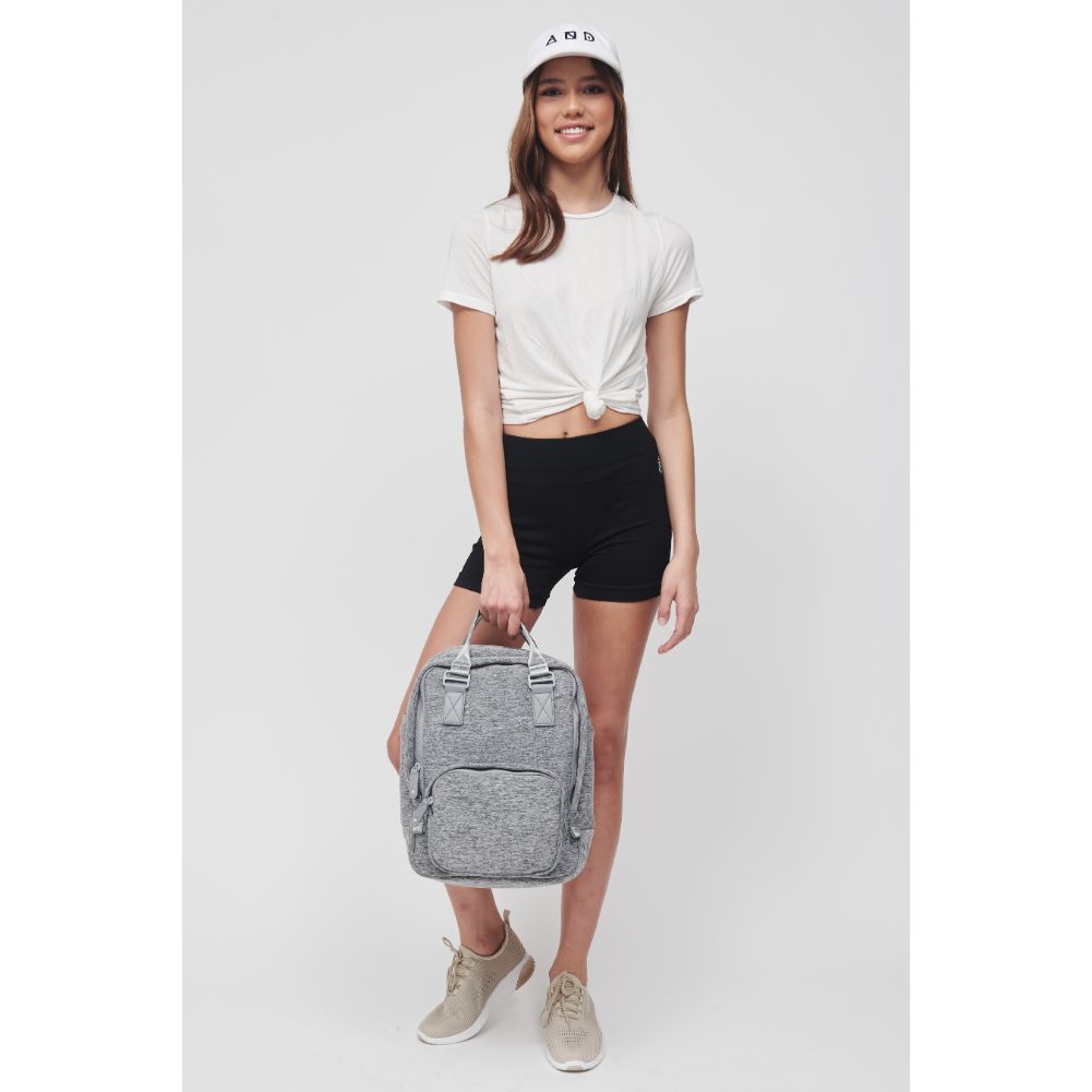 Woman wearing Heather Grey Sol and Selene Iconic - Neoprene Backpack 841764106672 View 4 | Heather Grey