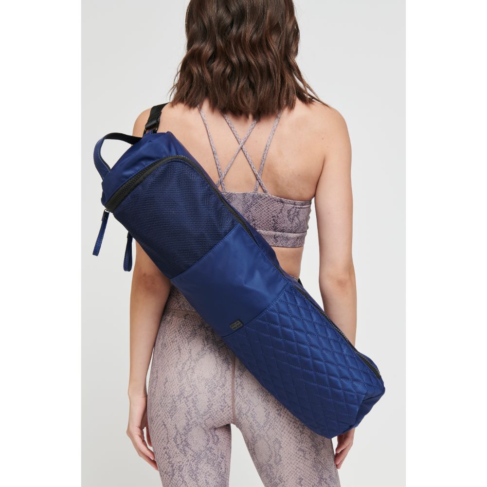 Woman wearing Navy Sol and Selene Karma - Quilted Yoga Mat Bag 841764100366 View 1 | Navy