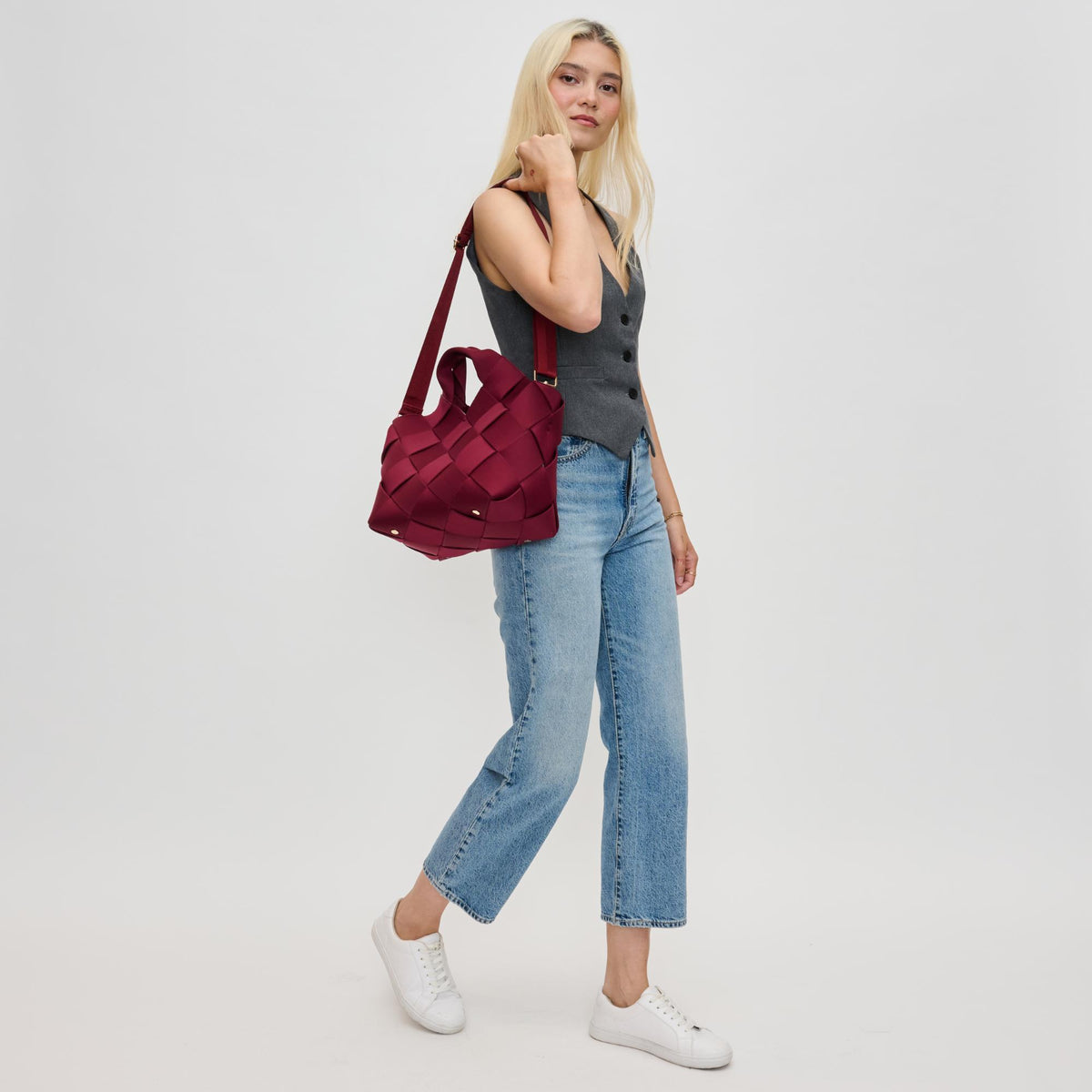 Woman wearing Wine Sol and Selene Resilience - Woven Neoprene Tote 841764110136 View 3 | Wine