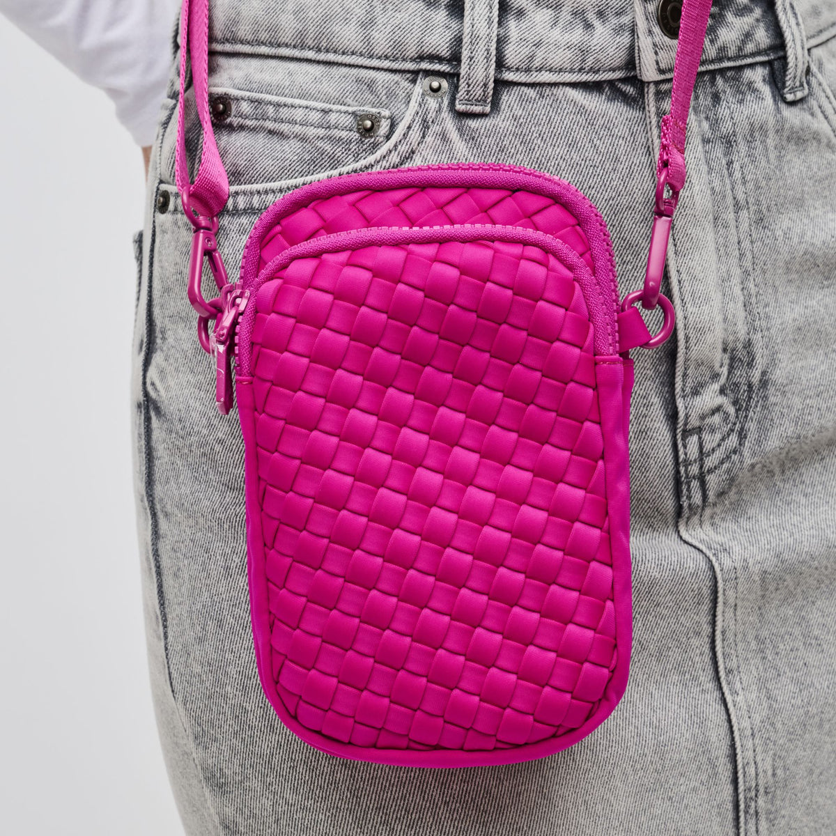 Woman wearing Fuchsia Sol and Selene Divide & Conquer - Woven Neoprene Crossbody 841764108720 View 4 | Fuchsia