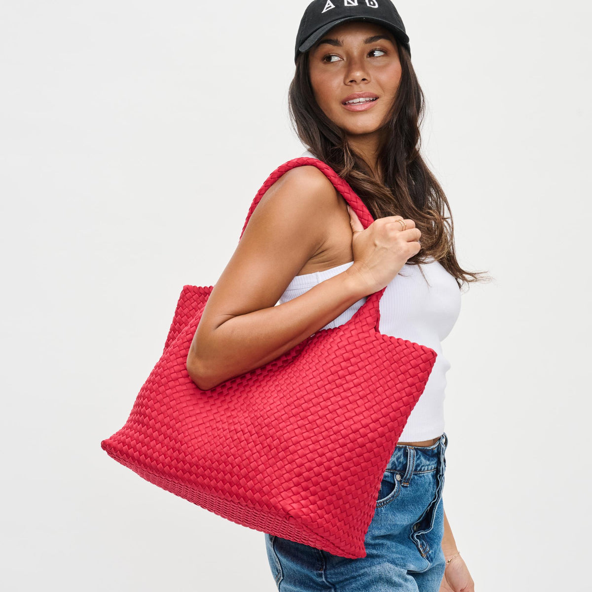 Woman wearing Red Sol and Selene Sky's The Limit - Large Tote 841764108225 View 1 | Red