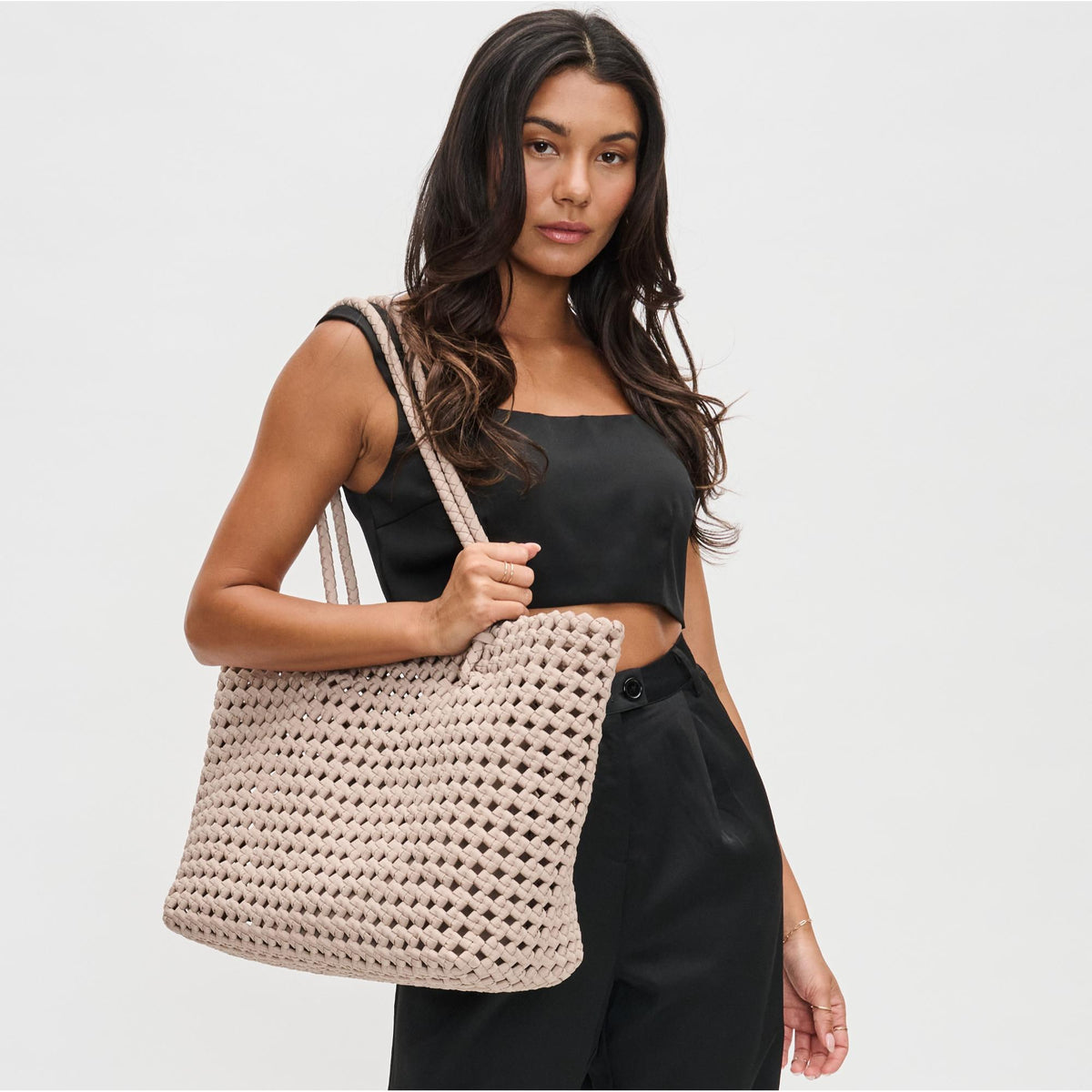 Woman wearing Nude Sol and Selene Reflection Tote 841764110105 View 2 | Nude