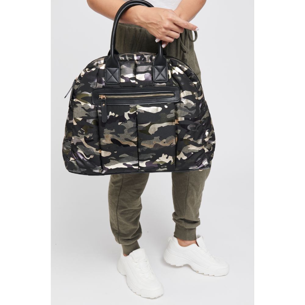 Woman wearing Green Metallic Camo Sol and Selene Flying High Satchel 841764105064 View 4 | Green Metallic Camo