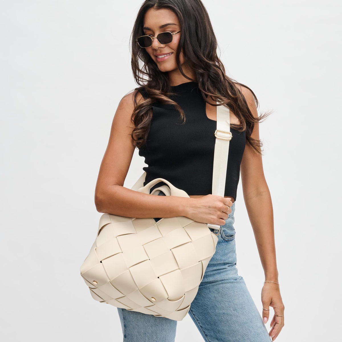 Woman wearing Cream Sol and Selene Resilience - Woven Neoprene Tote 841764109338 View 1 | Cream