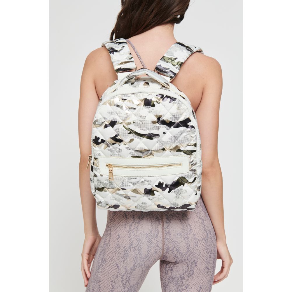 Woman wearing White Metallic Camo Sol and Selene All Star Backpack 841764105163 View 1 | White Metallic Camo