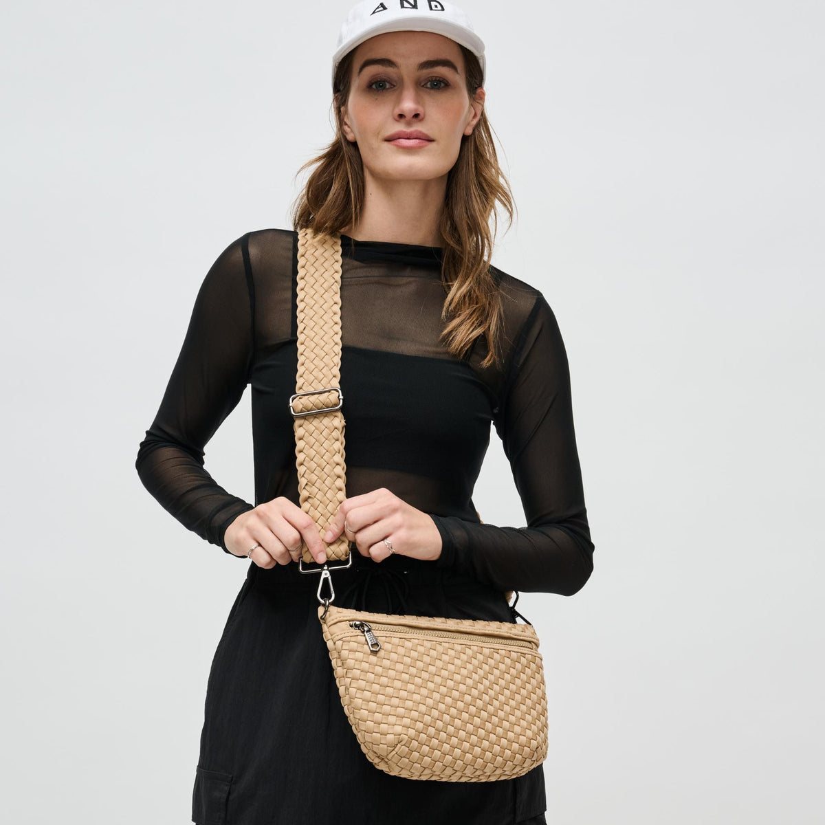 Woman wearing Nude Sol and Selene Ethereal - Woven Neoprene Crossbody 841764110884 View 1 | Nude