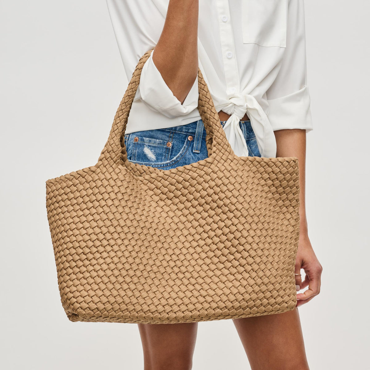 Woman wearing Nude Sol and Selene Sky&#39;s The Limit - Large Sustainable Tote 841764111577 View 4 | Nude