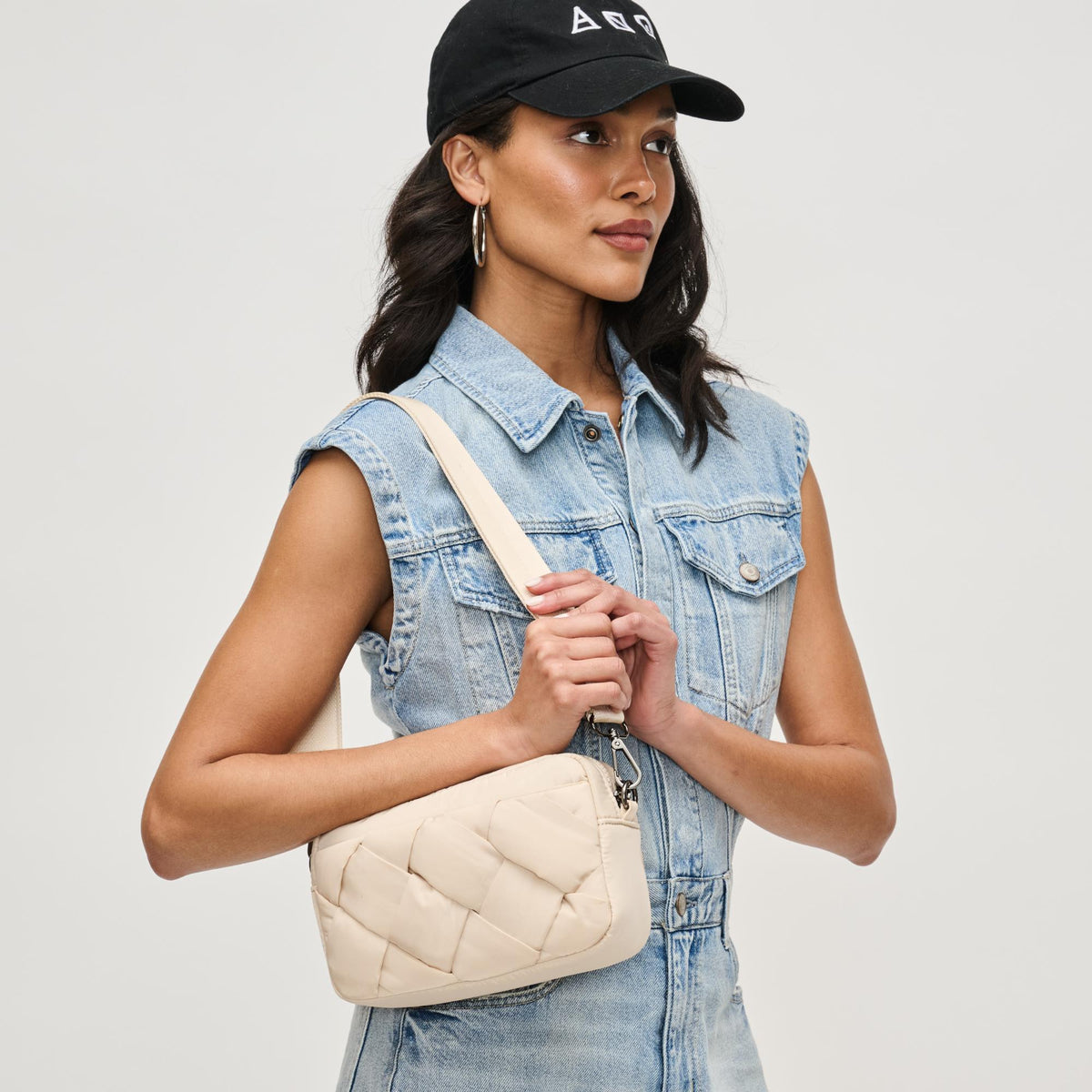 Woman wearing Cream Sol and Selene Inspiration - Braided Woven Nylon Crossbody 841764111799 View 2 | Cream