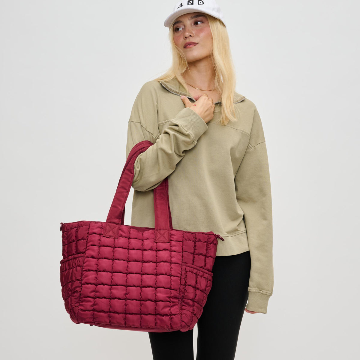 Woman wearing Burgundy Sol and Selene Dreamer Tote 841764110624 View 1 | Burgundy