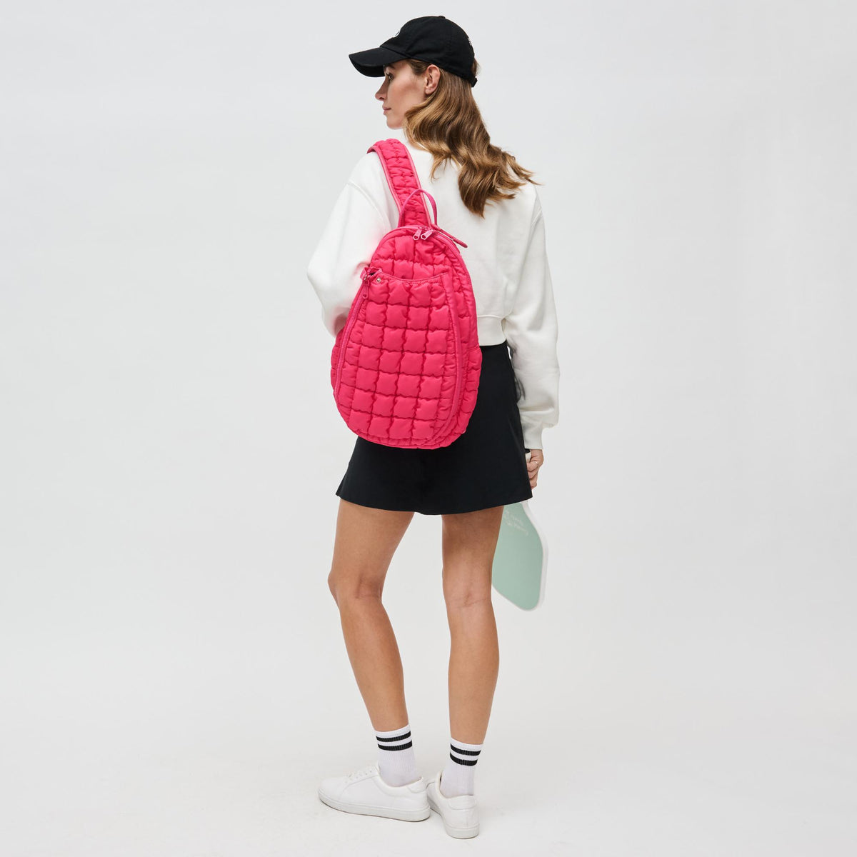 Woman wearing Hot Pink Sol and Selene Match Point - Pickleball &amp; Paddle Tennis Sling Backpack 841764111195 View 3 | Hot Pink