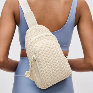 Woman wearing Cream Sol and Selene Beyond The Horizon - Woven Neoprene Sling Backpack 841764109277 View 1 | Cream