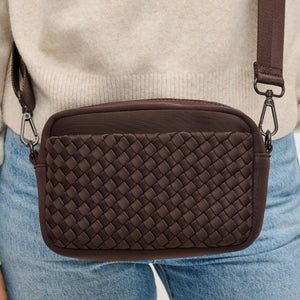 Woman wearing Chocolate Sol and Selene Inspiration - Woven Neoprene Crossbody 841764110495 View 4 | Chocolate