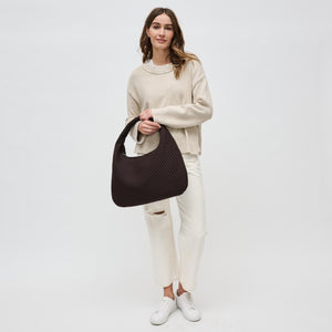 Woman wearing Chocolate Sol and Selene Dare to Dream - Large Woven Neoprene Hobo 841764110938 View 3 | Chocolate