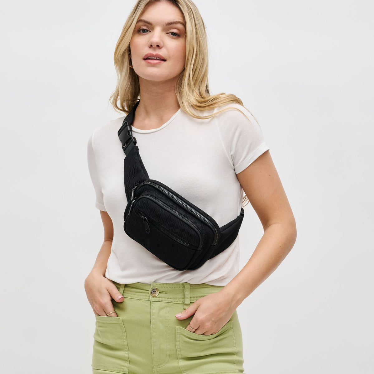 Woman wearing Black Sol and Selene Hip Hugger - Neoprene Mesh Belt Bag 841764109819 View 2 | Black