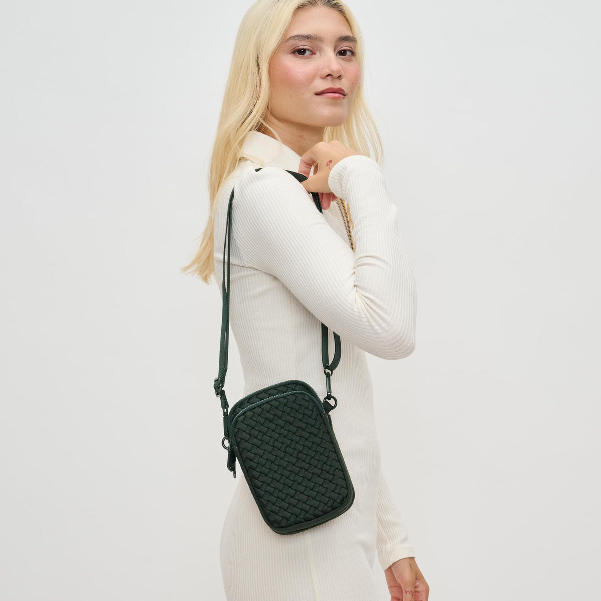 Woman wearing Olive Sol and Selene Divide & Conquer - Woven Neoprene Crossbody 841764110204 View 1 | Olive