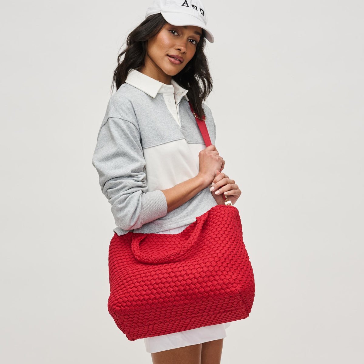 Woman wearing Red Sol and Selene Sky&#39;s The Limit - Medium Sustainable Tote 841764111645 View 3 | Red