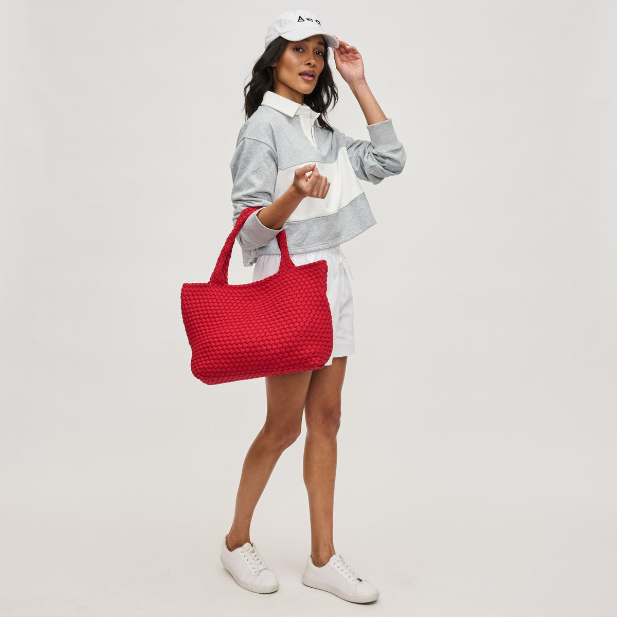 Woman wearing Red Sol and Selene Sky&#39;s The Limit - Medium Sustainable Tote 841764111645 View 2 | Red