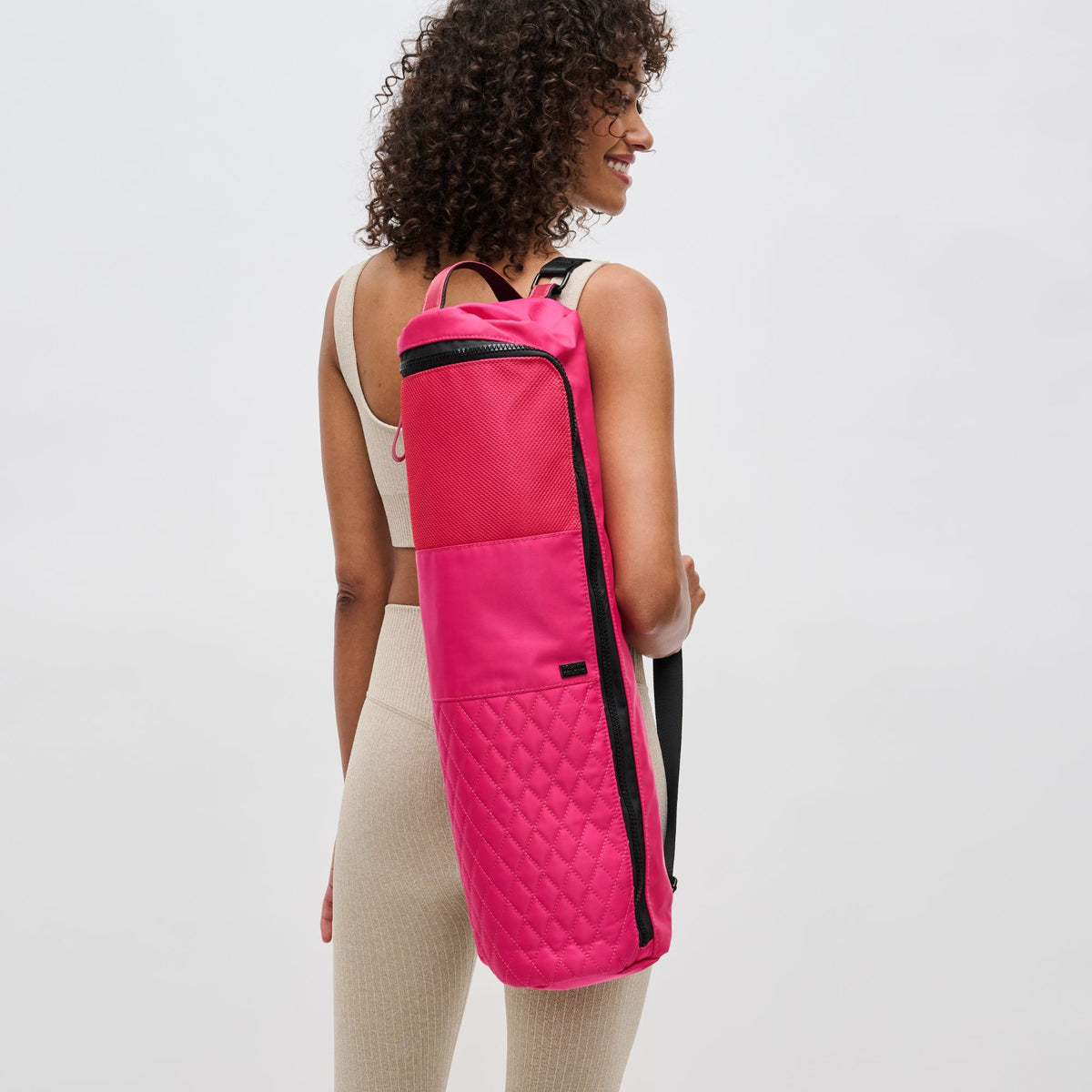 Woman wearing Pink Sol and Selene Karma - Quilted Yoga Mat Bag 841764100359 View 1 | Pink