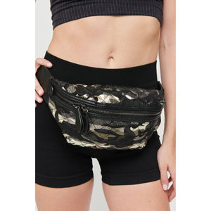 Woman wearing Green Metallic Camo Sol and Selene Side Kick Belt Bag 841764104951 View 2 | Green Metallic Camo