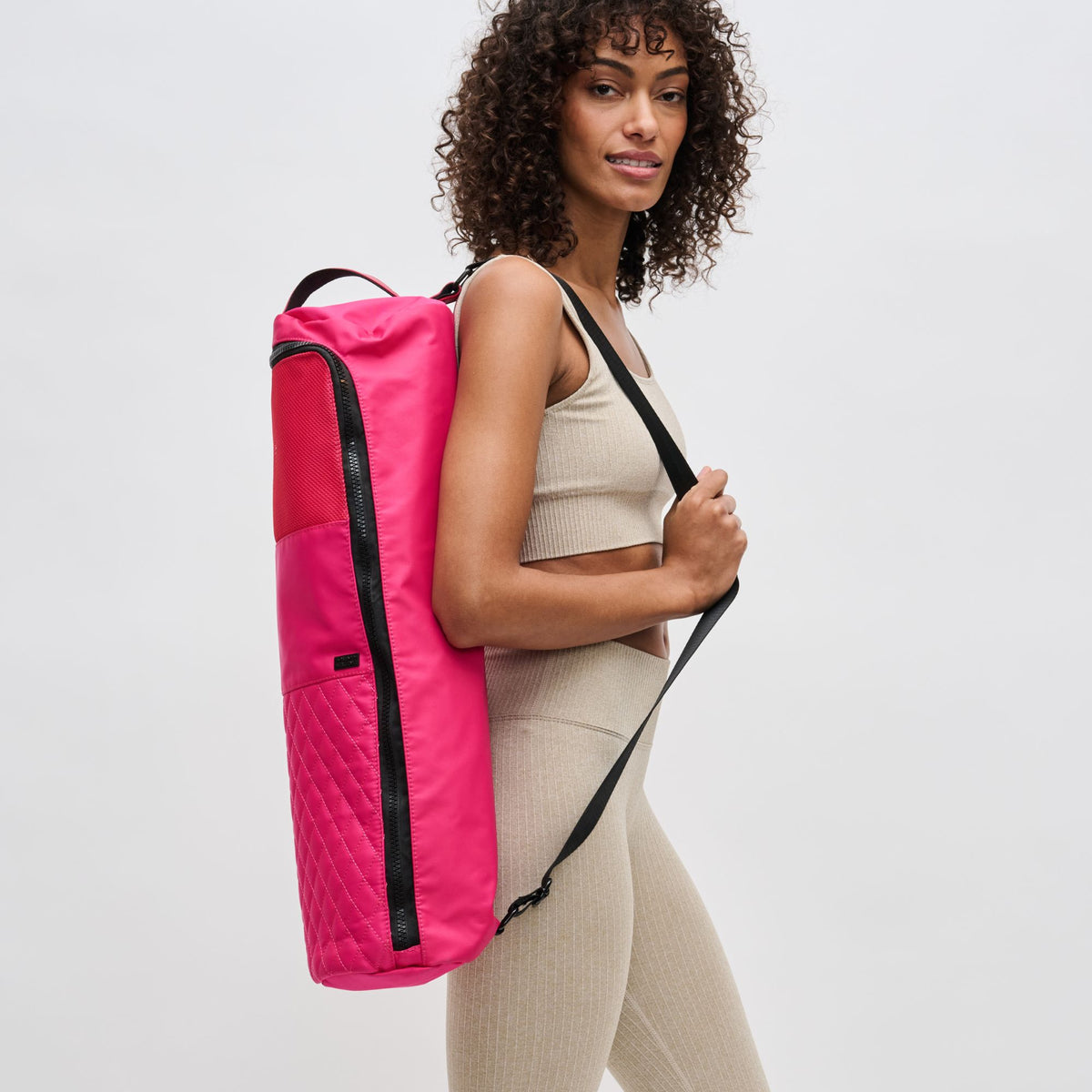 Woman wearing Pink Sol and Selene Karma - Quilted Yoga Mat Bag 841764100359 View 2 | Pink