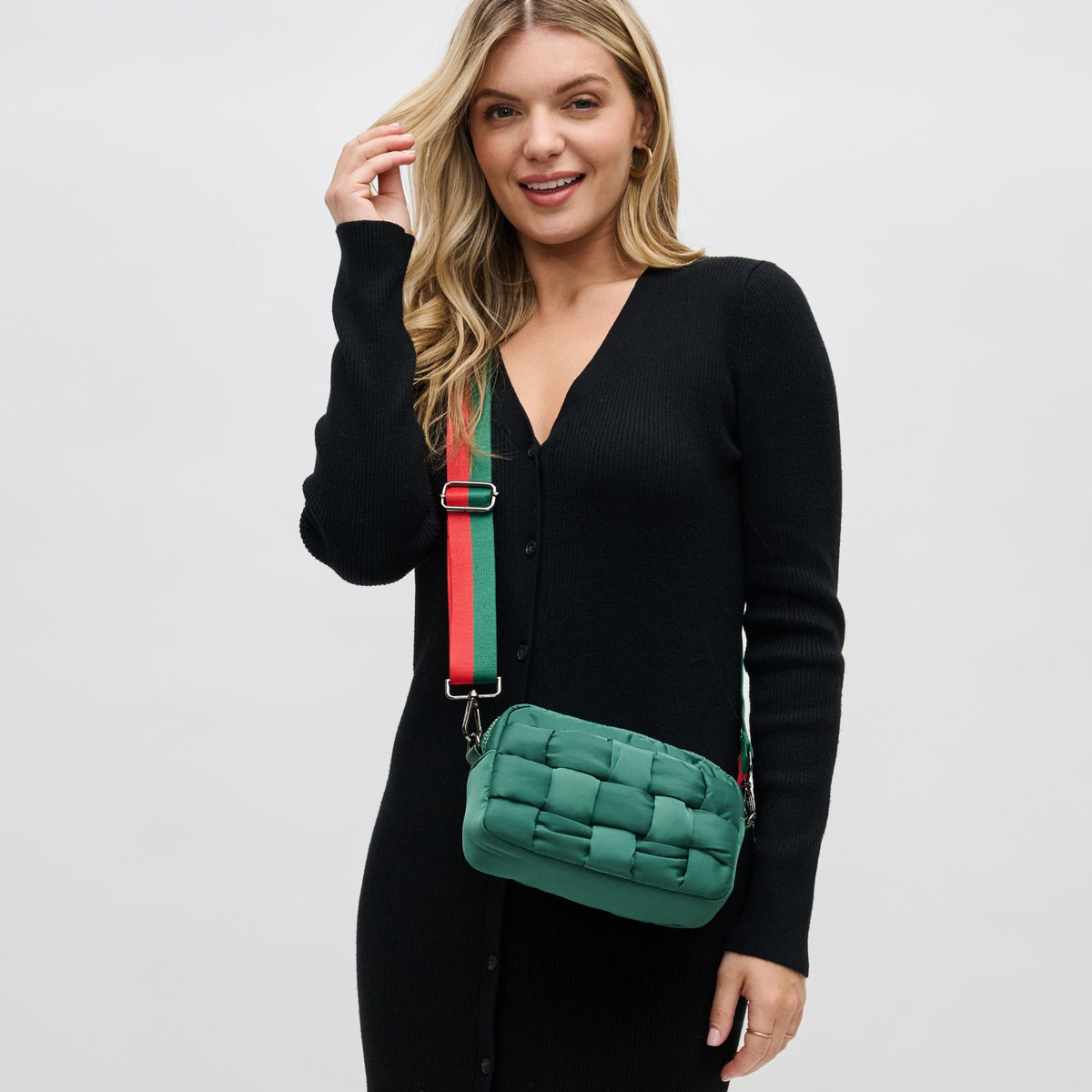 Woman wearing Emerald Sol and Selene Inspiration - Woven Nylon Crossbody 841764107617 View 1 | Emerald