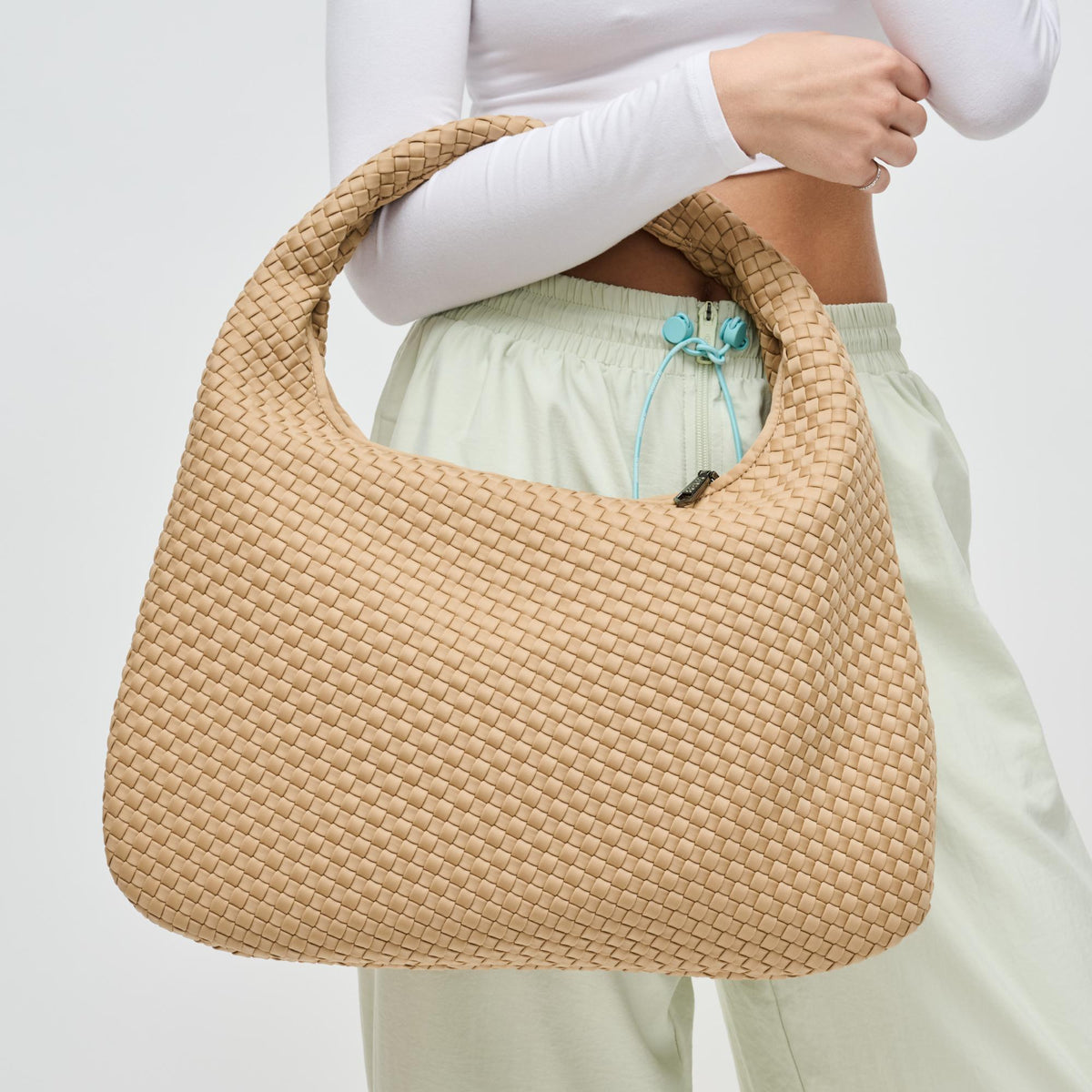 Woman wearing Nude Sol and Selene Dare to Dream - Large Woven Neoprene Hobo 841764110945 View 4 | Nude