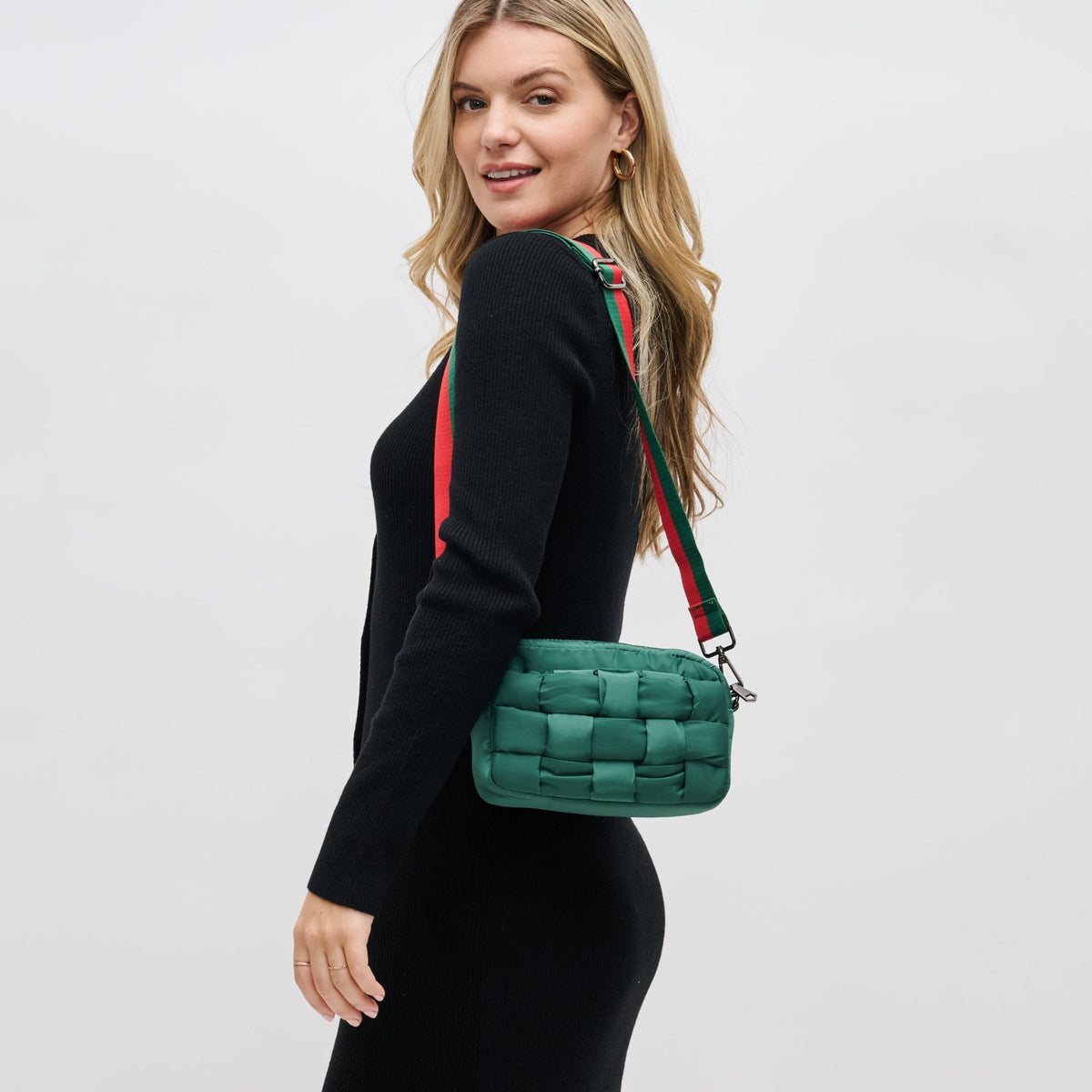 Woman wearing Emerald Sol and Selene Inspiration - Woven Nylon Crossbody 841764107617 View 2 | Emerald