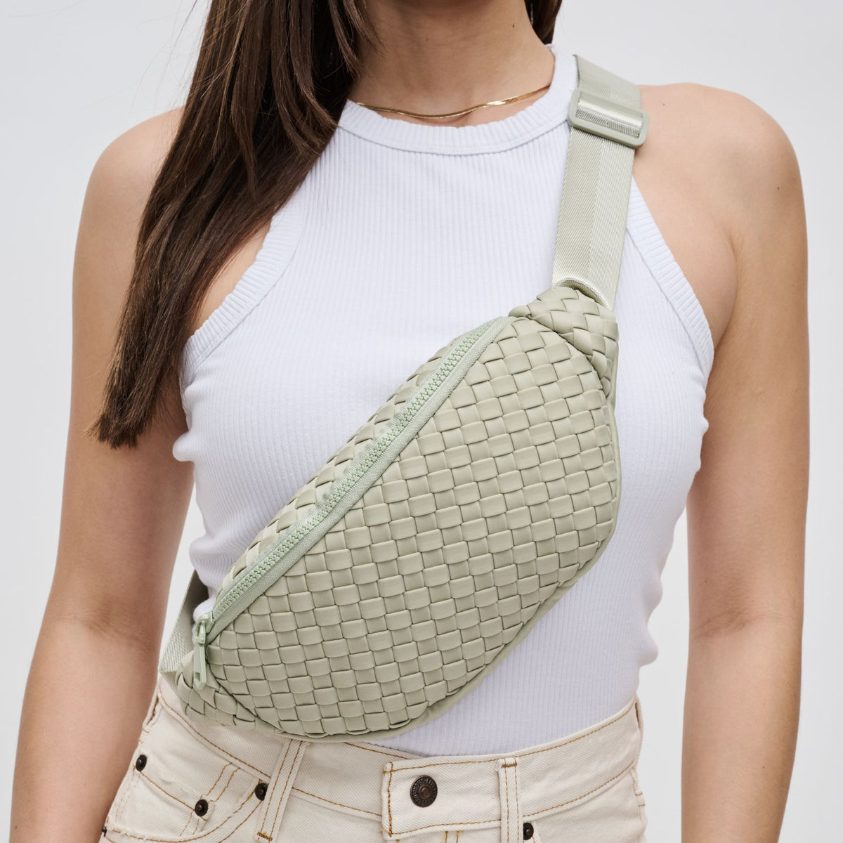 Woman wearing Sage Sol and Selene Aim High Belt Bag 841764109161 View 1 | Sage