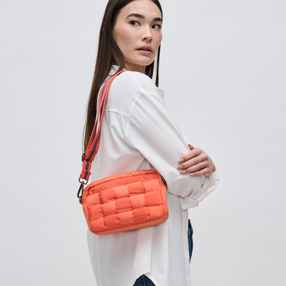 Woman wearing Tangerine Sol and Selene Inspiration - Woven Nylon Crossbody 841764107907 View 2 | Tangerine