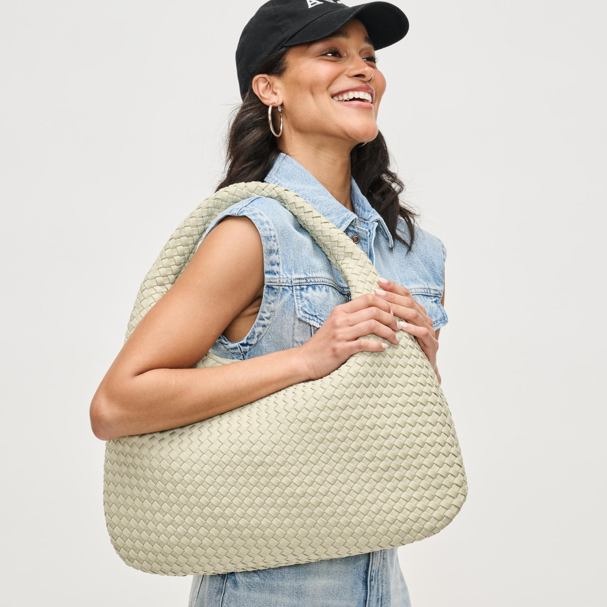 Woman wearing Sage Sol and Selene Dare to Dream - Large Woven Neoprene Hobo 841764111454 View 2 | Sage