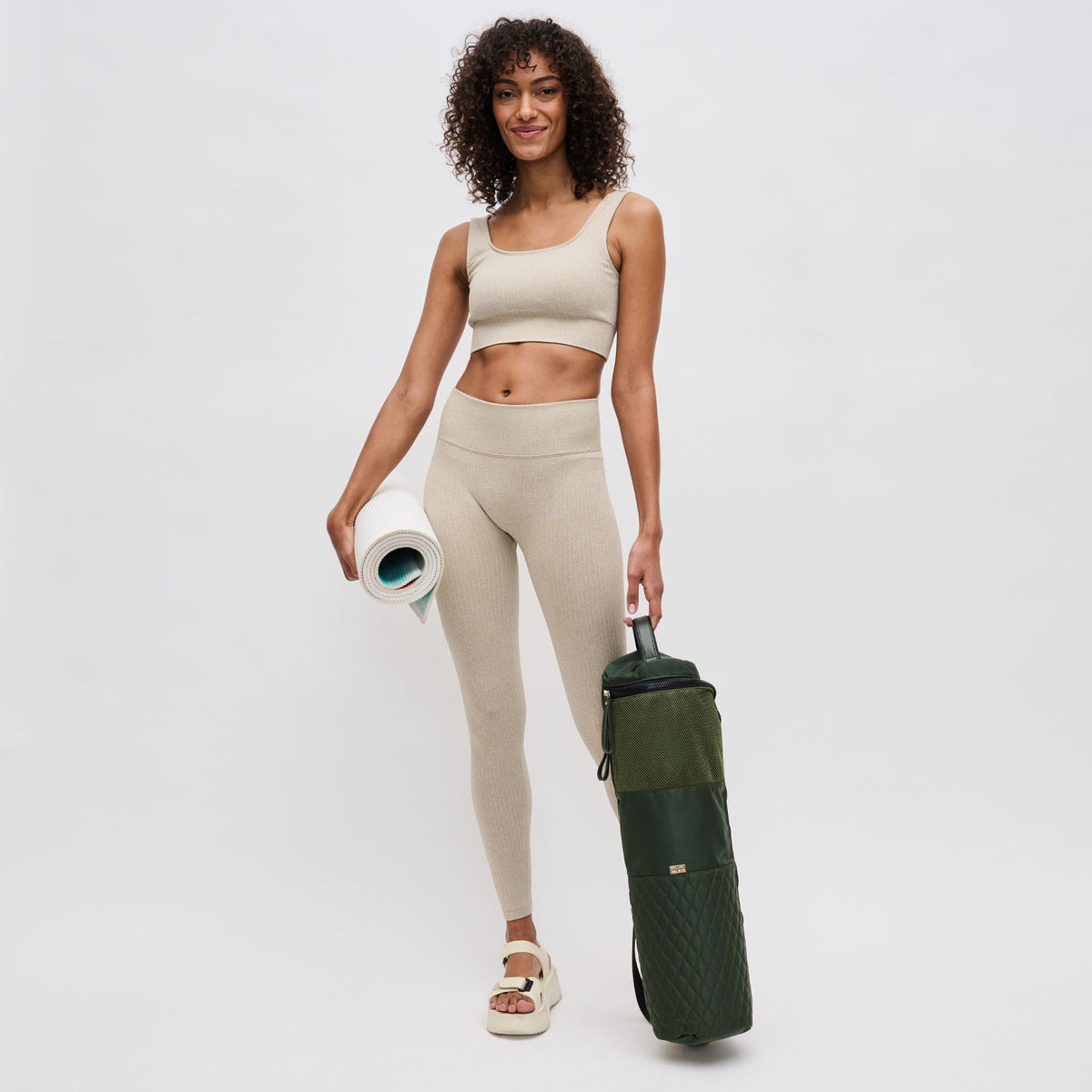 Woman wearing Olive Sol and Selene Karma - Quilted Yoga Mat Bag 841764100335 View 4 | Olive